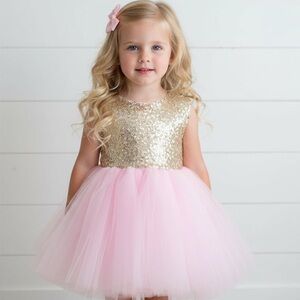 Girl’s Pink & Gold Sequin Tulle Dress, party, pageant, formal